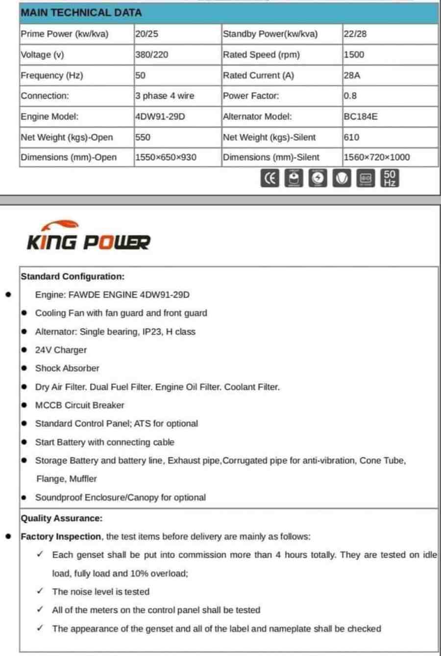 King Power Generator 25KVA (Fawde)